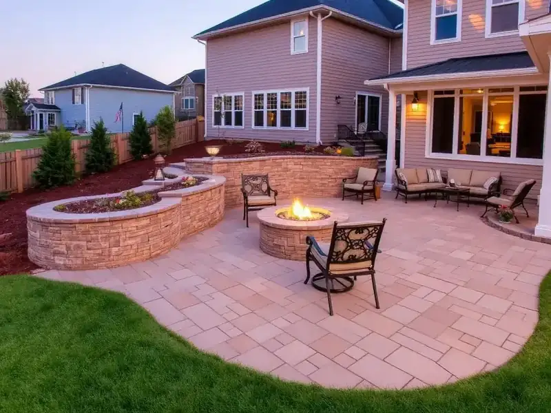 Paver patio and stone retaining wall built by our hardscaping team